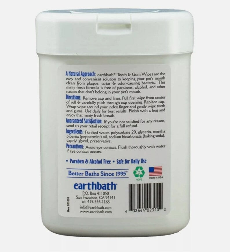 earthbath Tooth & Gum Wipes, Peppermint & Baking Soda for Dogs, Cats, Puppies & Kittens, 25 ct re-sealable package